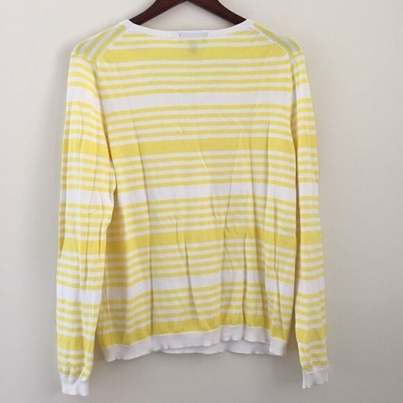 Lands’ End yellow & white stripe V-neck sweater L - Picture 4 of 5